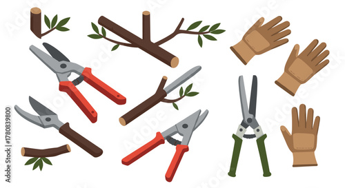 Gardening tools set with pruning shears and leather gloves in flat design