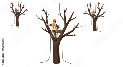 Arborists climbing leafless trees in safety gear for tree maintenance