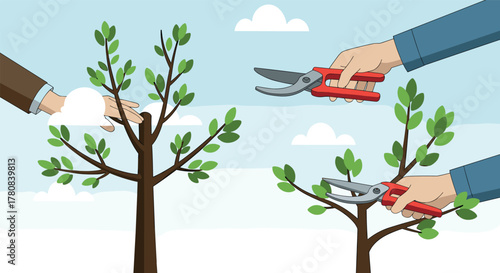 Hands pruning trees with shears in garden scene with cloudy sky