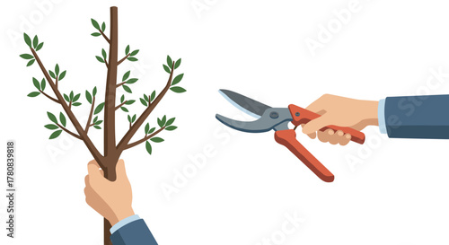 Hands pruning small tree with shears in flat art style on white background
