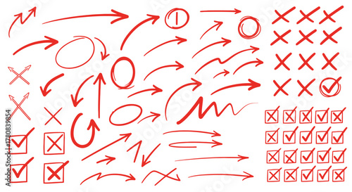 Collection of hand drawn red arrows circles xs and checkmarks on white background