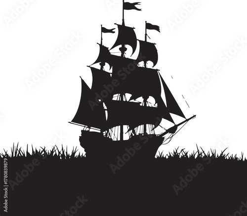 Black silhouette of a sailing ship on white background