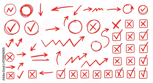 Collection of hand drawn red checkmarks circles arrows and xs on white background