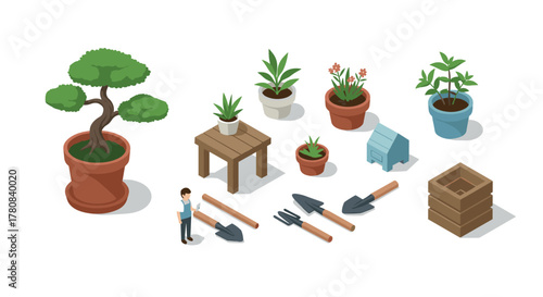 Isometric gardening tools and plants on white background