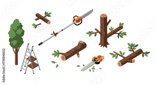 Isometric tree pruning tools with chainsaw, ladder, and branches illustration