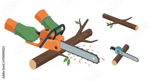 Hands using chainsaw to cut tree branches with protective gloves