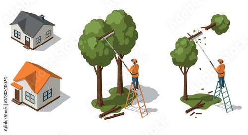 Isometric illustration of arborist trimming trees with two house designs