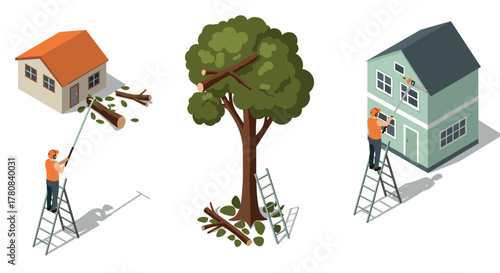 Isometric tree pruning and home repair scene with workers and ladders