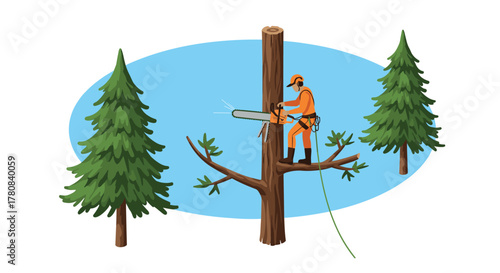 Lumberjack using chainsaw to cut tree in forest scene