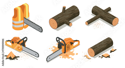 Isometric chainsaw and woodcutting elements logs, chainsaws, safety gear