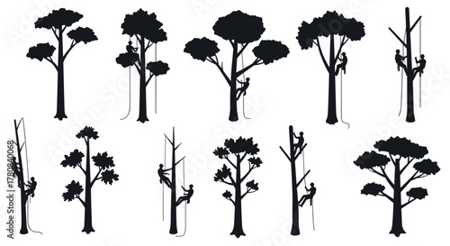 Silhouette climbers on trees depicting adventure and nature enthusiasts in simple style
