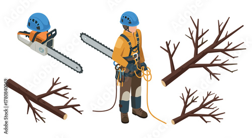 Isometric tree surgeon with chainsaw and branches for forestry and arborist tasks