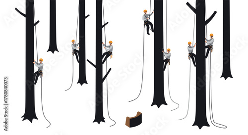 Arborists climbing tall trees with safety gear in stylized forest scene