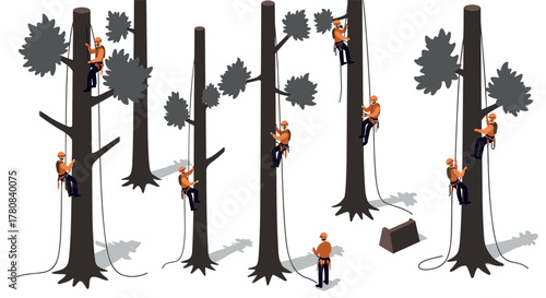 Isometric arborists climbing tall trees with equipment in forest setting