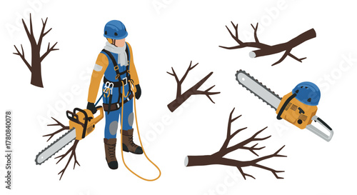 Isometric lumberjack with chainsaw and tree branches for forestry and logging design