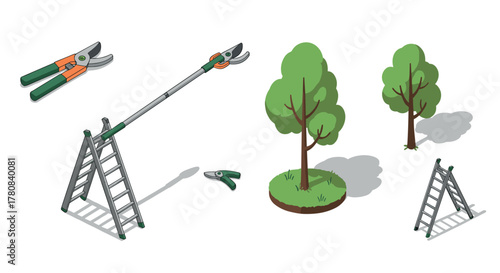 Gardening tools and trees isometric design with pruning shears and ladder