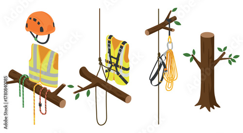 Tree climbing gear and safety equipment in isometric style