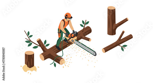 Lumberjack cutting tree logs with chainsaw in isometric style