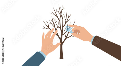 Hands assembling puzzle pieces to form a tree against white background