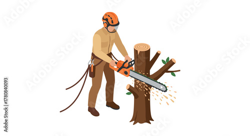 Isometric lumberjack using chainsaw to cut tree trunk