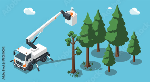 Isometric arborist in lift truck trimming trees in forest setting on clear day