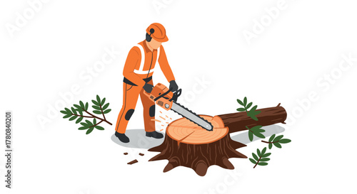 Isometric lumberjack using chainsaw to cut tree trunk in forest