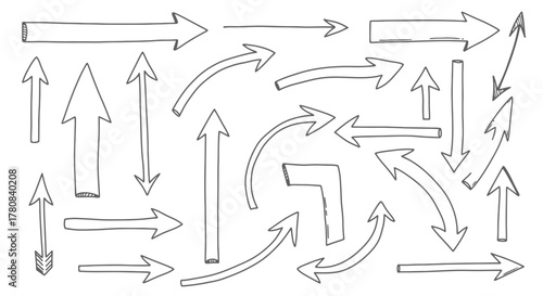 Collection of hand drawn arrow icons and symbols in a variety of styles and directions