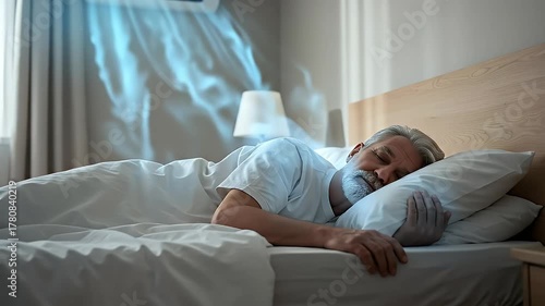 Elderly Man Sleeping Comfortably in a White Bed with Cool Air Flowing from an Air Conditioner Above Him on a Bright Morning