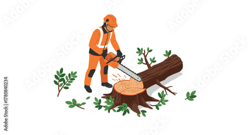 Lumberjack cutting tree trunk with chainsaw in isometric style