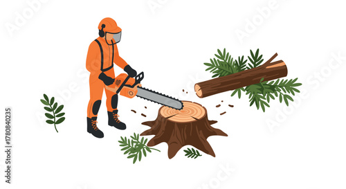 Lumberjack cutting tree stump with chainsaw in forest scene
