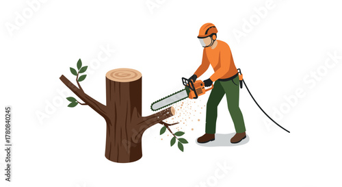 Isometric arborist operating chainsaw on tree branch for safe cutting
