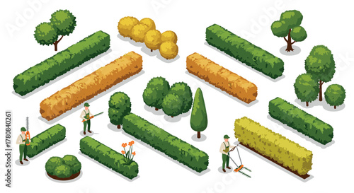 Isometric garden landscape with hedges and trees featuring gardeners in action