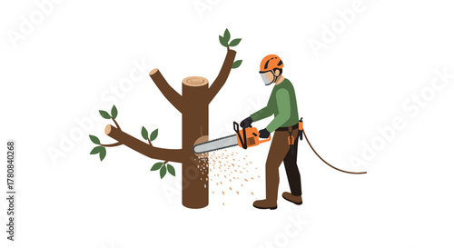 Lumberjack cutting tree using chainsaw in safety gear