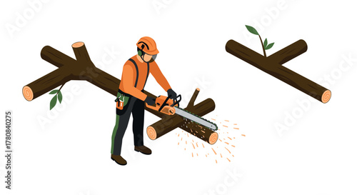 Lumberjack using chainsaw to cut tree log in isometric style