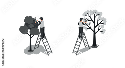 Seasonal tree pruning process depicted in minimalist isometric style