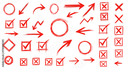 Collection of red hand drawn checkmarks x marks circles arrows and squares on white background