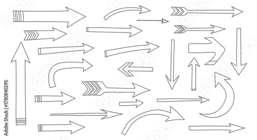 Collection of hand drawn arrow icons and symbols in various styles and directions on white background
