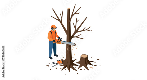 Isometric lumberjack using chainsaw to cut tree in forest