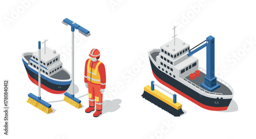 Isometric marine maintenance worker with ship and cleaning equipment