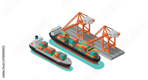 Isometric shipping port scene with cargo ships and cranes