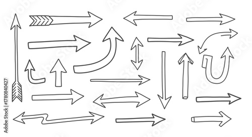 Collection of hand drawn arrows in various styles and directions on a white background