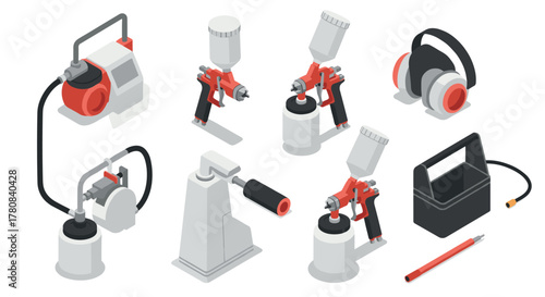 Isometric spray painting equipment set with paint spray guns and accessories