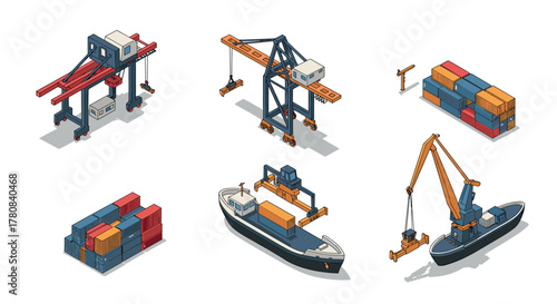 Isometric cargo logistics ships, cranes, containers, and maritime operations