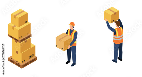 Isometric warehouse workers handling cardboard boxes on pallets