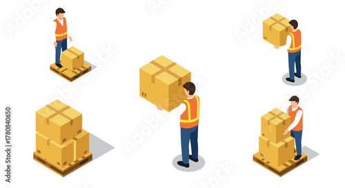 Isometric warehouse worker handling boxes and packages with safety vest