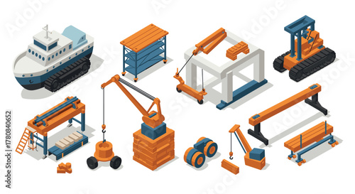 Construction and maritime equipment collection in isometric style for industrial projects