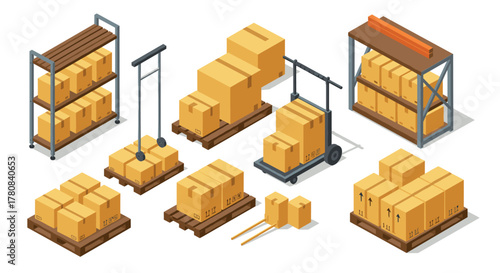 Isometric warehouse elements with boxes and pallets for logistics design