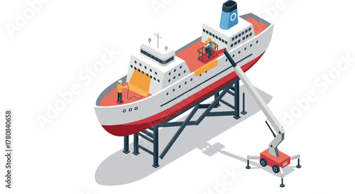 Isometric ship repair with crane platform and workers on scaffold structure