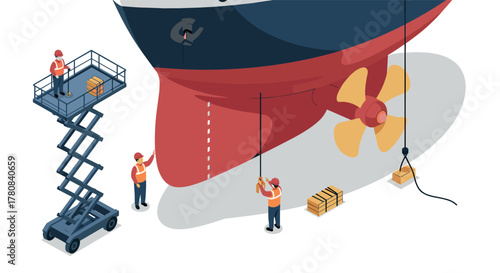 Workers inspecting ship hull on dock with crane platform in isometric harbor scene