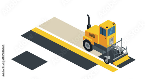 Isometric road construction scene with yellow paver on asphalt